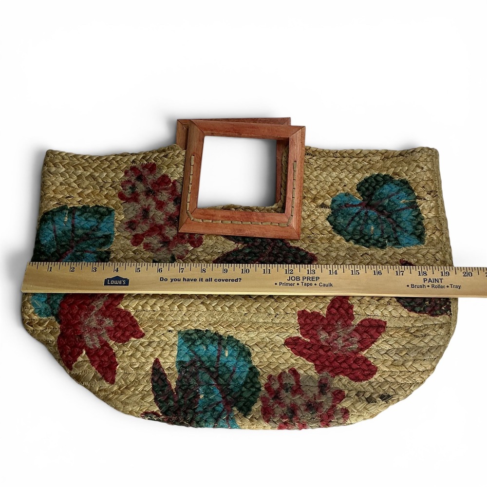 Antik Kraft Tan Floral Jute Tote Bag Women Large Woven Wood Handle Straw Shopper - Picture 16 of 16